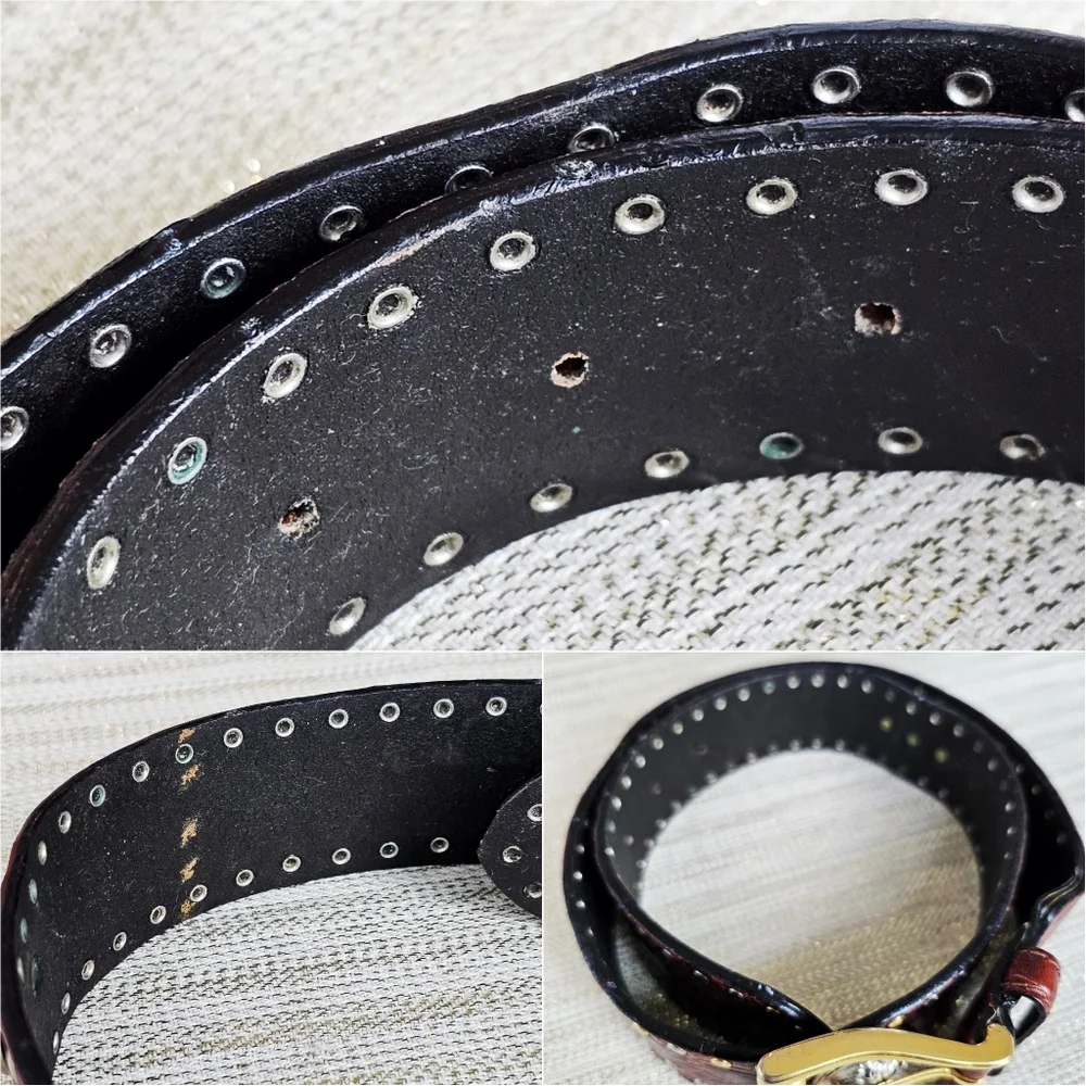 ✨ Vintage Gianni Versace Medusa Studded Leather Belt Brown Croc, Gold & Silver